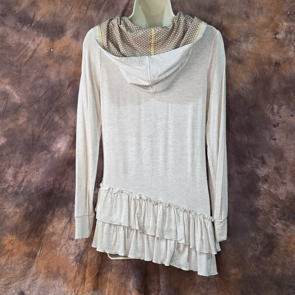 Evy's Tree Emma Ruffle Hoodie Long Sleeve Zip Front Heather Oatmeal Gold Coco M - Picture 4 of 7